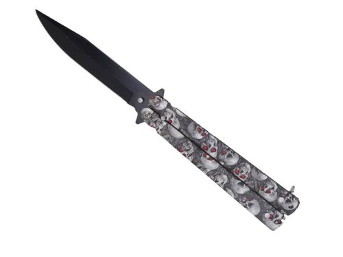 Couteau papillon métal tête de mort gris lame 10 cm 